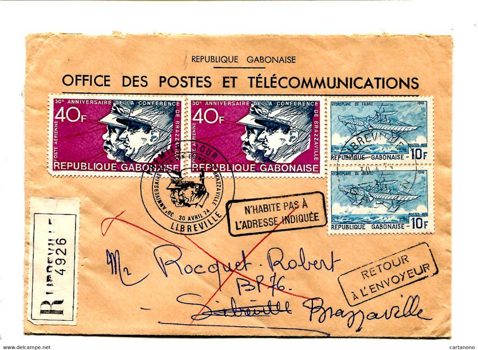 GABON 1974 - Affr. Sur Lettre Recommandée + Cachet - De Gaulle / Aviation - Gabun (1960-...)