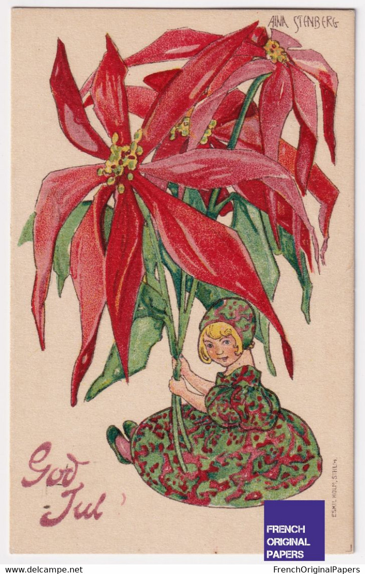 MINI AK Aina Stenberg CPA Litho Postcard 1920 Fille Art Nouveau Deco Mode Fleur Poinsettia Géante Christmas Girl A51-68 - Altri & Non Classificati