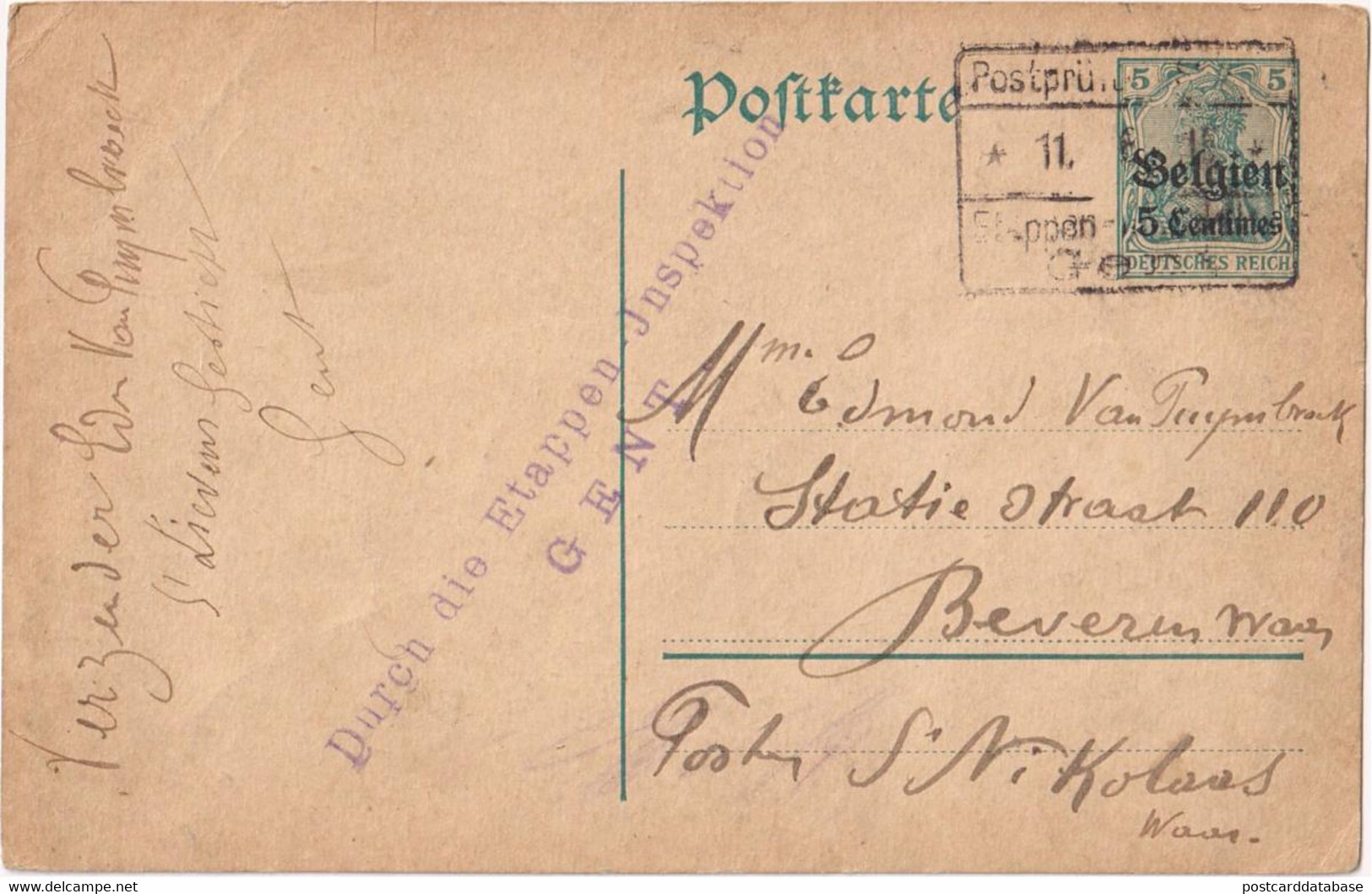 Stamped Stationery Belgium German Occupation 1915 - Stamped In Gent, Sent To St Niklaas - Etappen Inspektion Gent - German Occupation