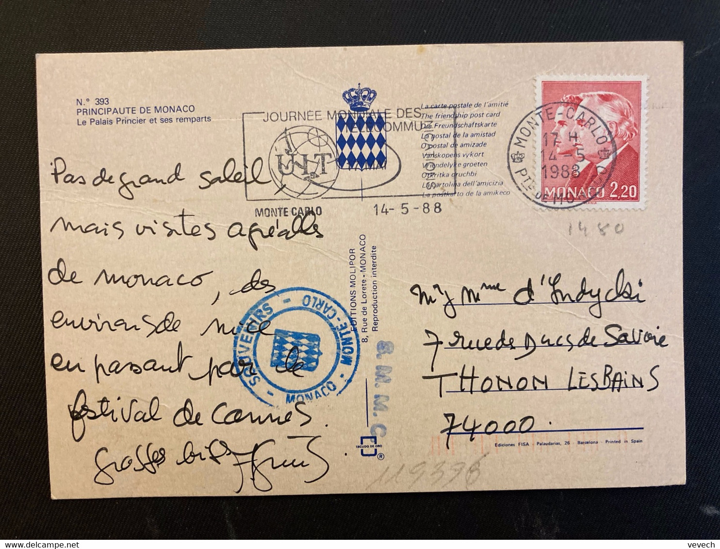 CP LE PALAIS PRINCIER TP RAINIER ALBERT 2,20 OBL.MEC.14-5 1988 MONTE CARLO JOURNEE MONDIALE DES TELECOMMUNICATIONS - Storia Postale