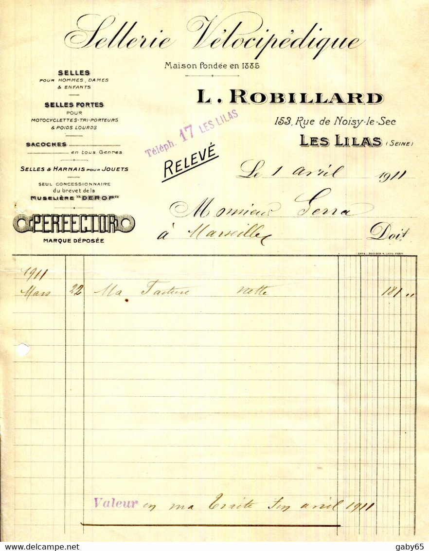 FACTURE.93.LES LILAS.SELLES POUR HOMMES,DAMES,ENFANTS.SELLES FORTES POUR MOTOS.L.ROBILLARD SELLERIE VELOCIPEDIQUE. - Automobile