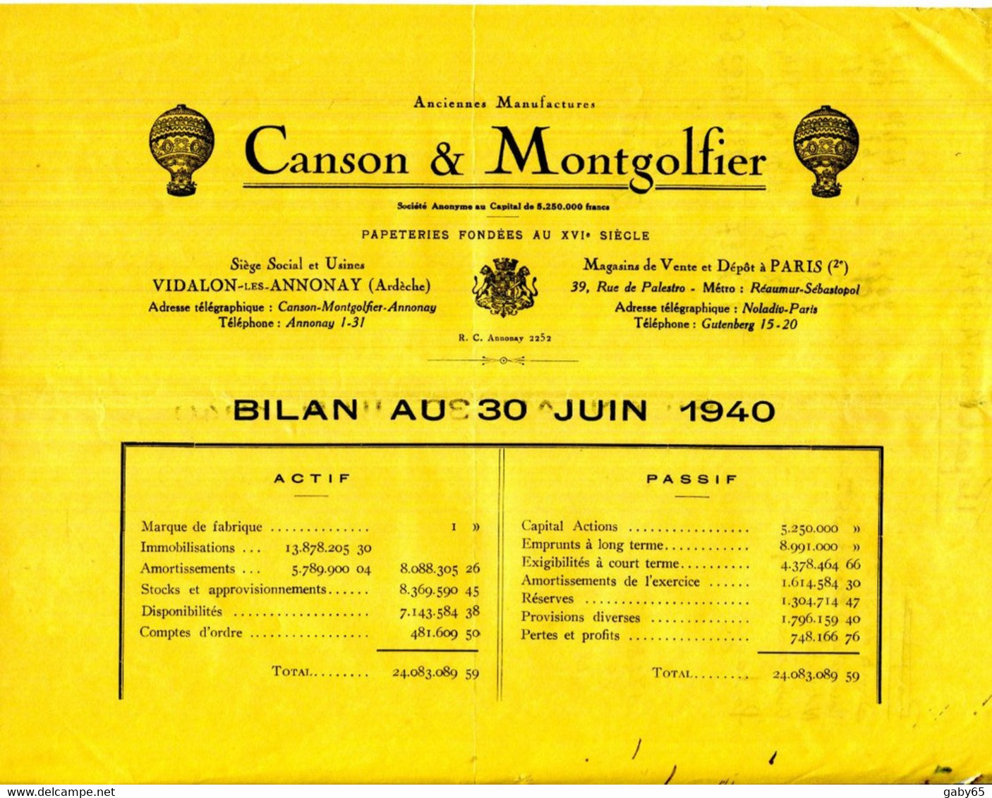 FACTURE.07.ARDECHE.VIDALON LES ANNONAY.CANSON & MONTGOLFIER.BILAN AU 30 JUIN 1940. - Printing & Stationeries