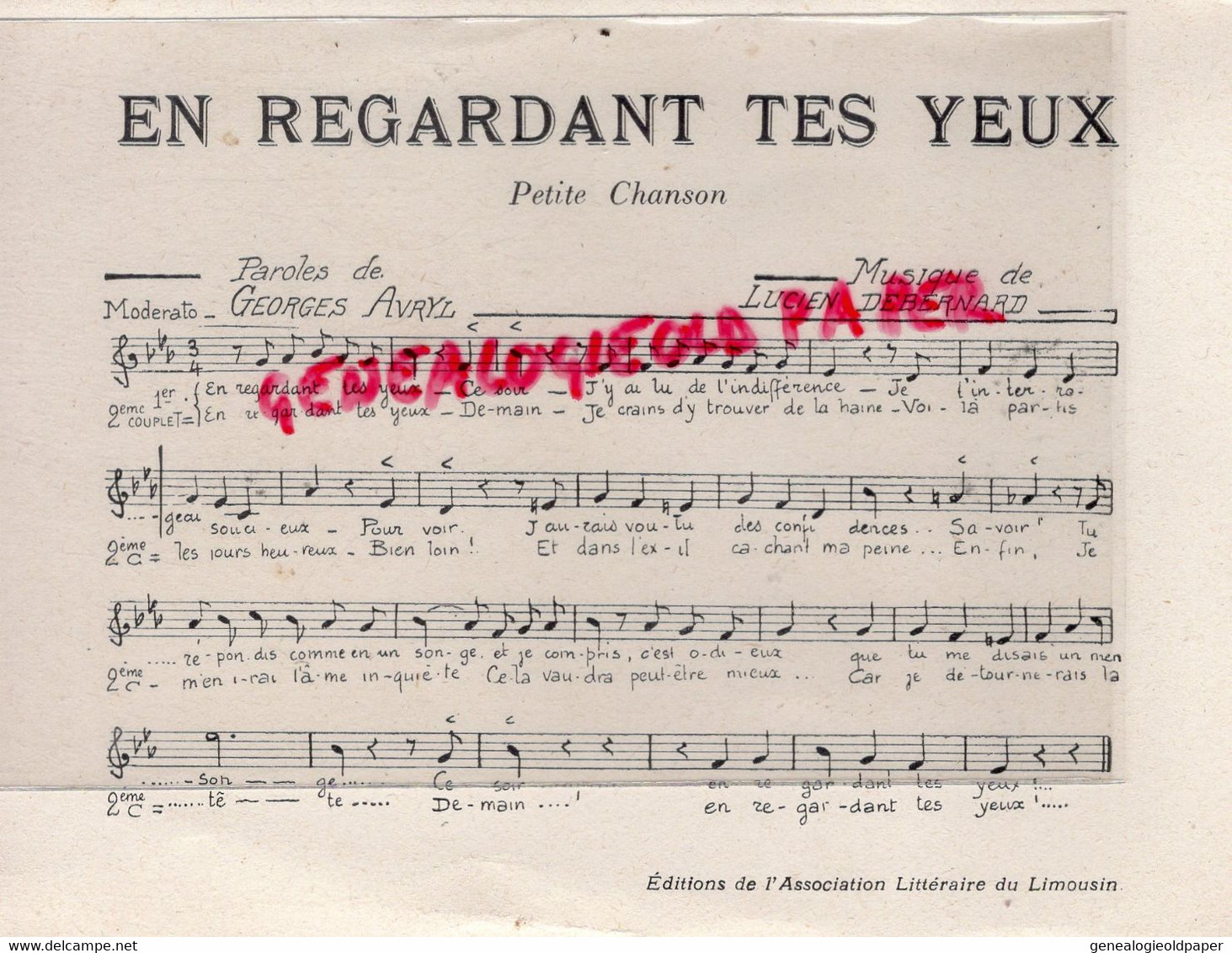 87- LIMOGES- PARTITION MUSIQUE CARTONNEE GEORGES AVRYL-LUCIEN DEBERNARD- EN REGARDANT TES YEUX -LIMOUSIN - Scores & Partitions