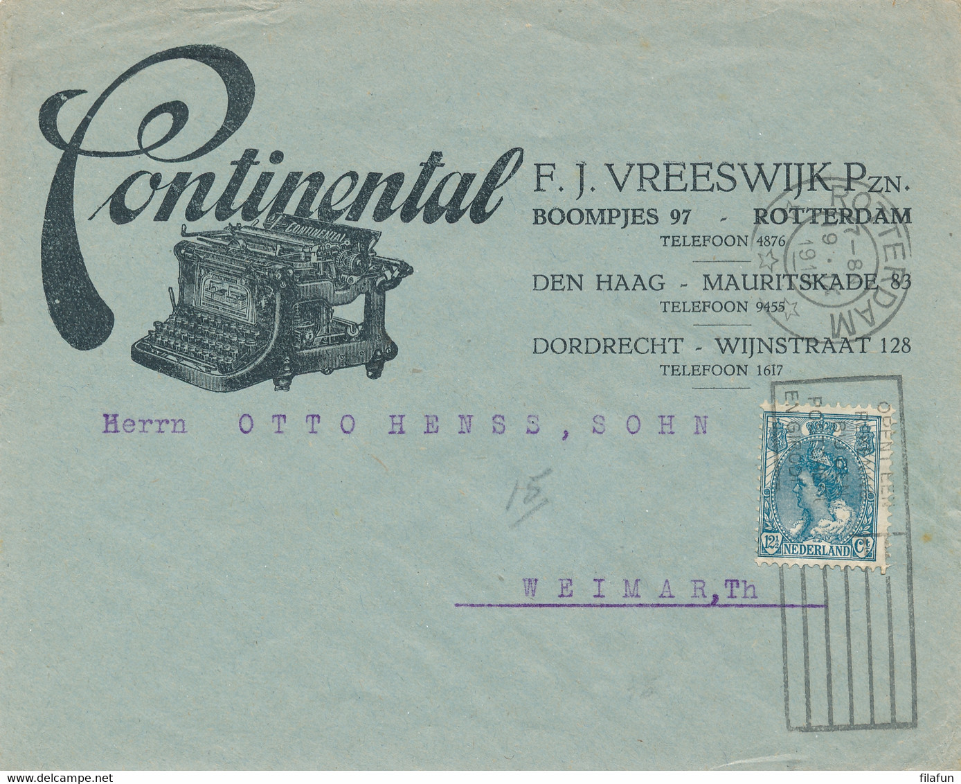 Nederland - 1919 - 12,5c Bontkraag Op Geïllustreerde Businesscover Van Rotterdam Naar Weimar - Continental / Vreeswijk - Brieven En Documenten