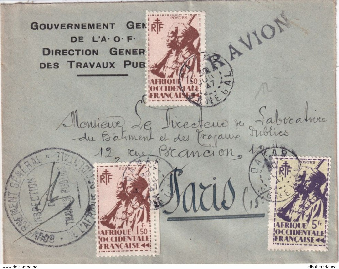 1947 - AOF / SENEGAL - ENVELOPPE Par AVION Du GOUVERNEMENT GENERAL à DAKAR => PARIS - Cartas & Documentos