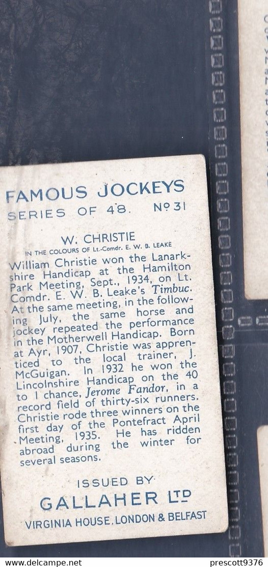 Famous Jockeys 1936 - 31 William Christie  - Gallaher Original Cigarette Card. Sport - Horses - Gallaher