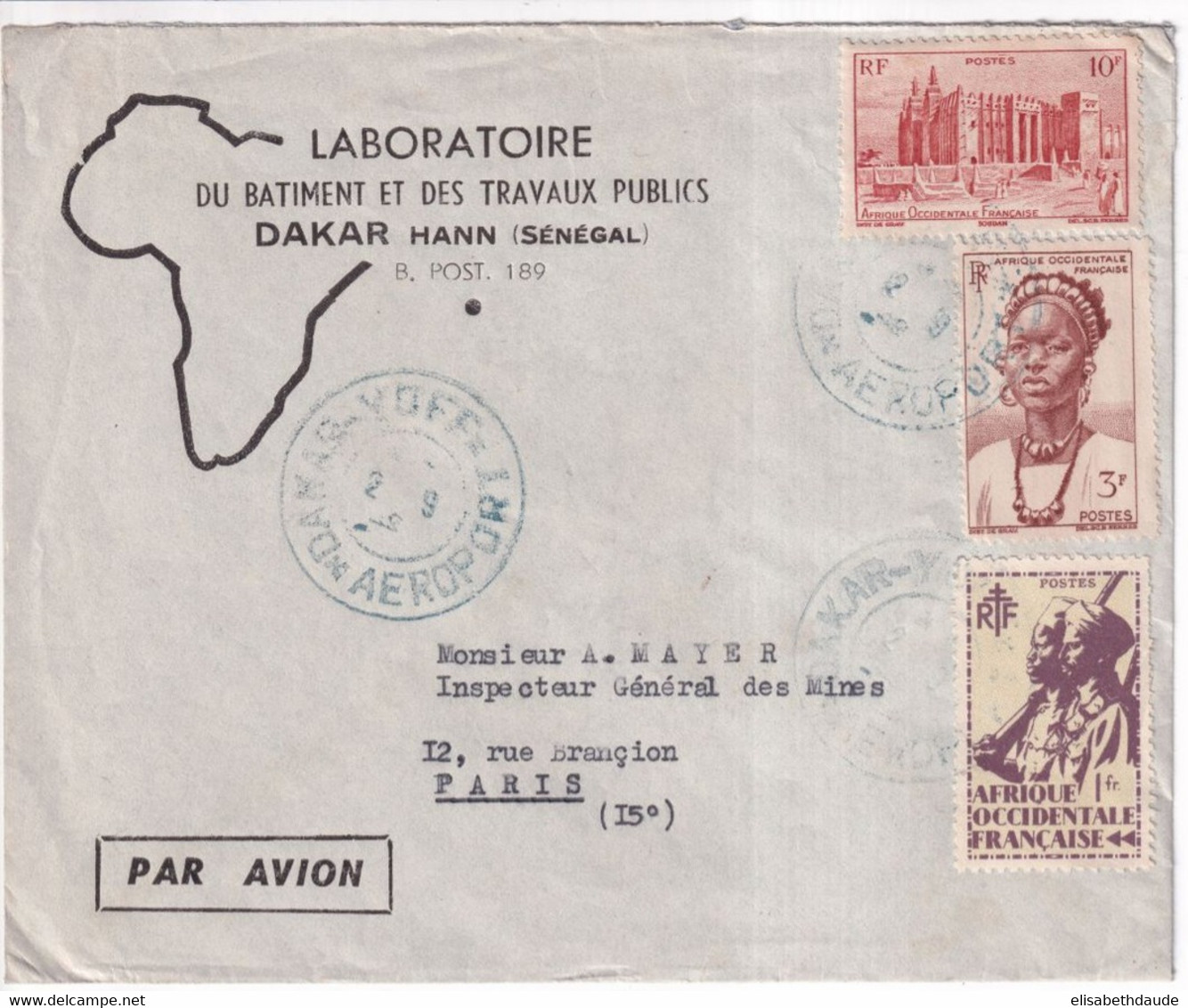 1949 - AOF / SENEGAL - OBLITERATION RARE DAKAR-YOFF AEROPORT Sur ENVELOPPE Par AVION De DAKAR => PARIS - Cartas & Documentos