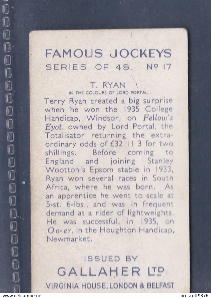 Famous Jockeys 1936 - 17 Terry Ryan  - Gallaher Original Cigarette Card. Sport - Horses - Gallaher