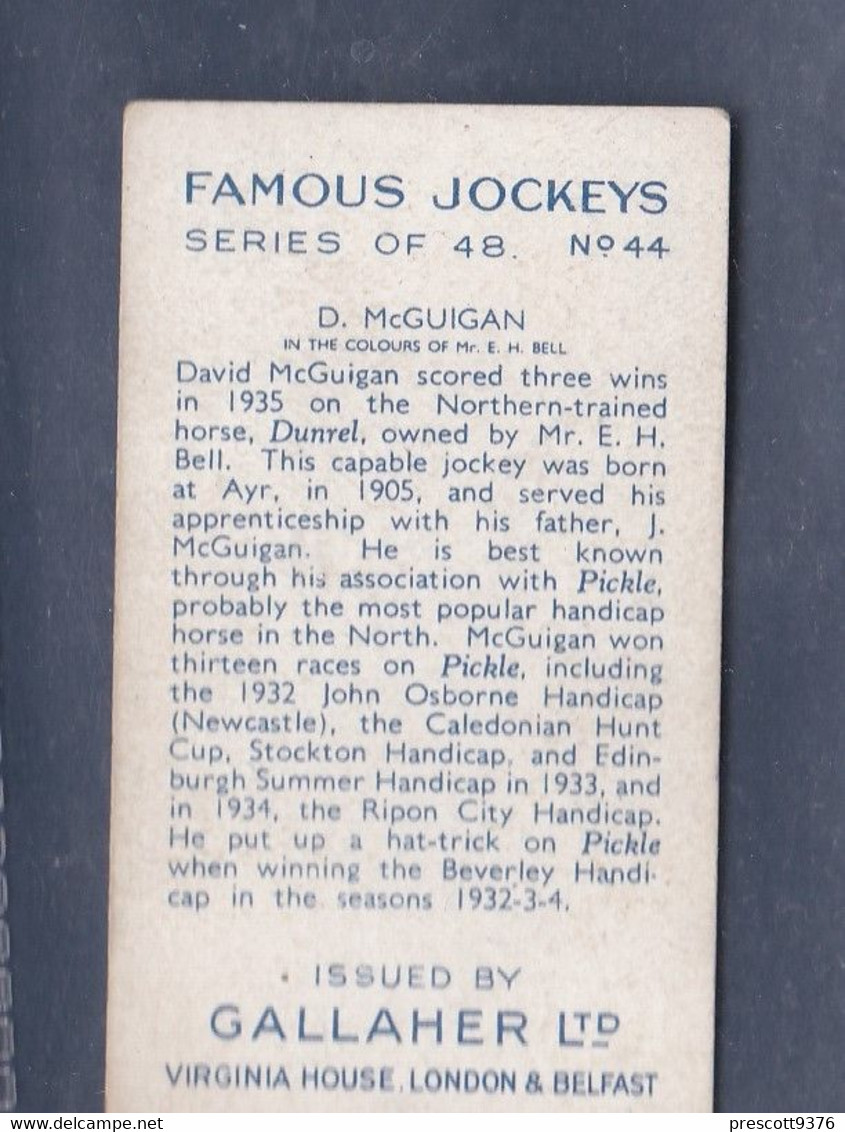 Famous Jockeys 1936 - 44 David McGuigan - Gallaher Original Cigarette Card. Sport - Horses - Gallaher