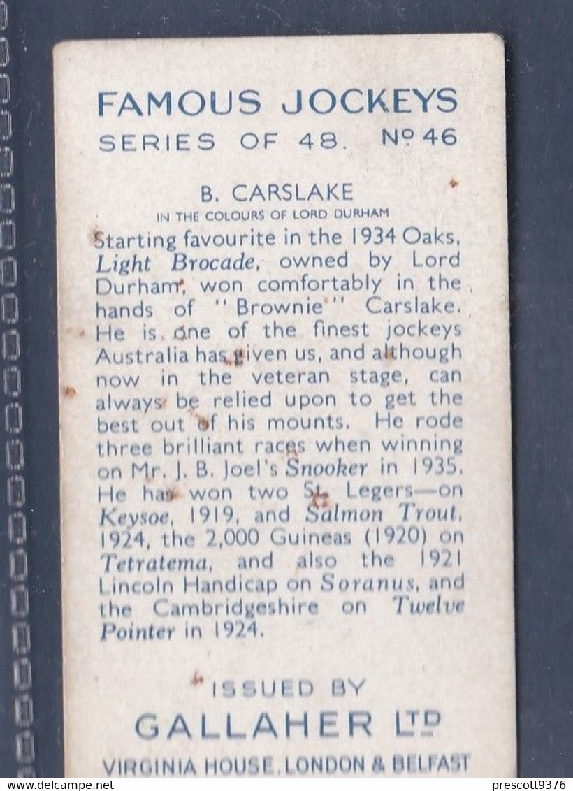 Famous Jockeys 1936 - 46 Brownie Carslake - Gallaher Original Cigarette Card. Sport - Horses - Gallaher