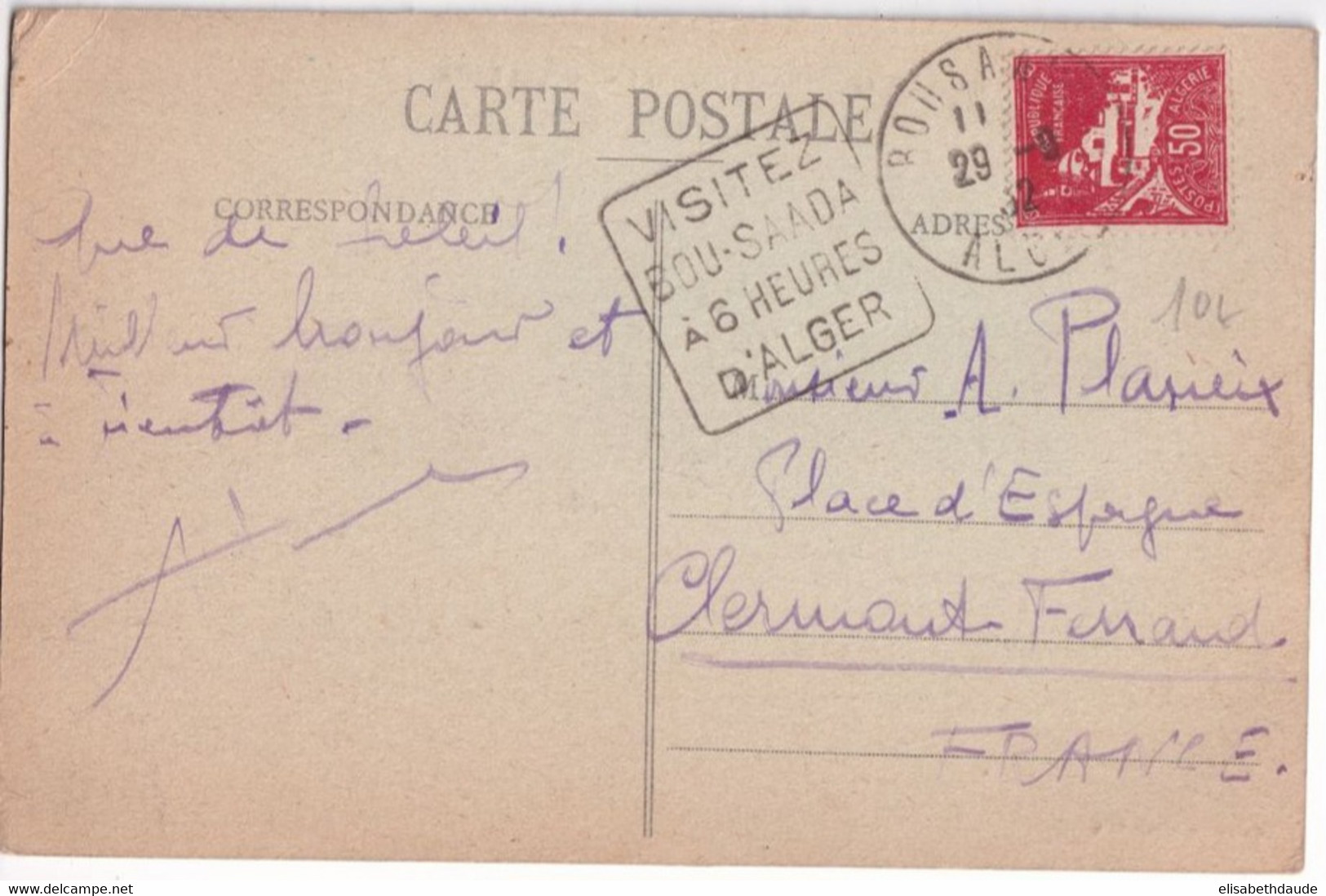 1932 - ALGERIE / OBLITERATION DAGUIN ! - CARTE De BOU-SAADA => FRANCE - Covers & Documents