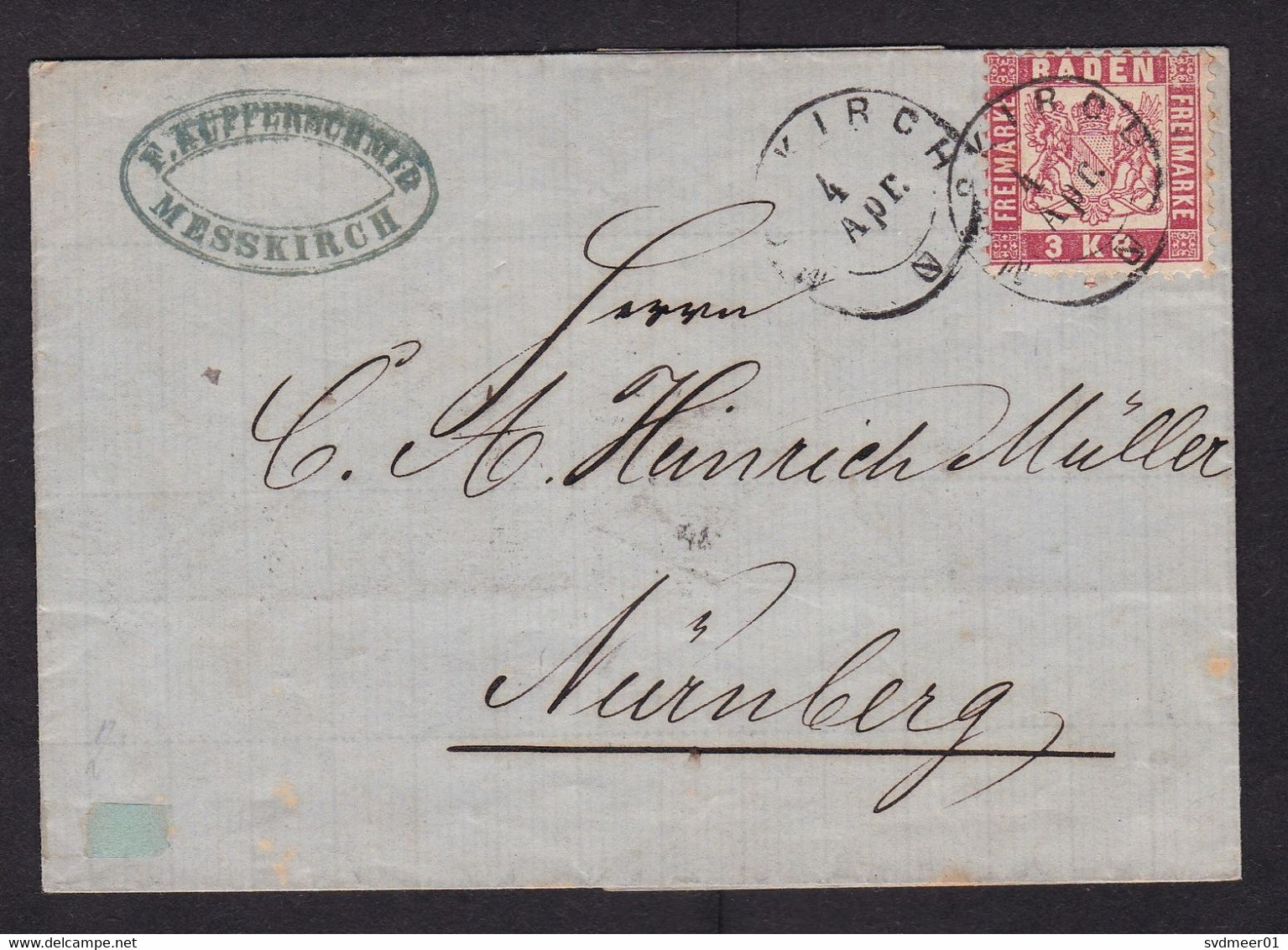 Germany - Baden: Cover / Folded Letter, 1871, 1 Stamp, Heraldry, Messkirch To Nurnberg (minor Damage, See Scan) - Covers & Documents