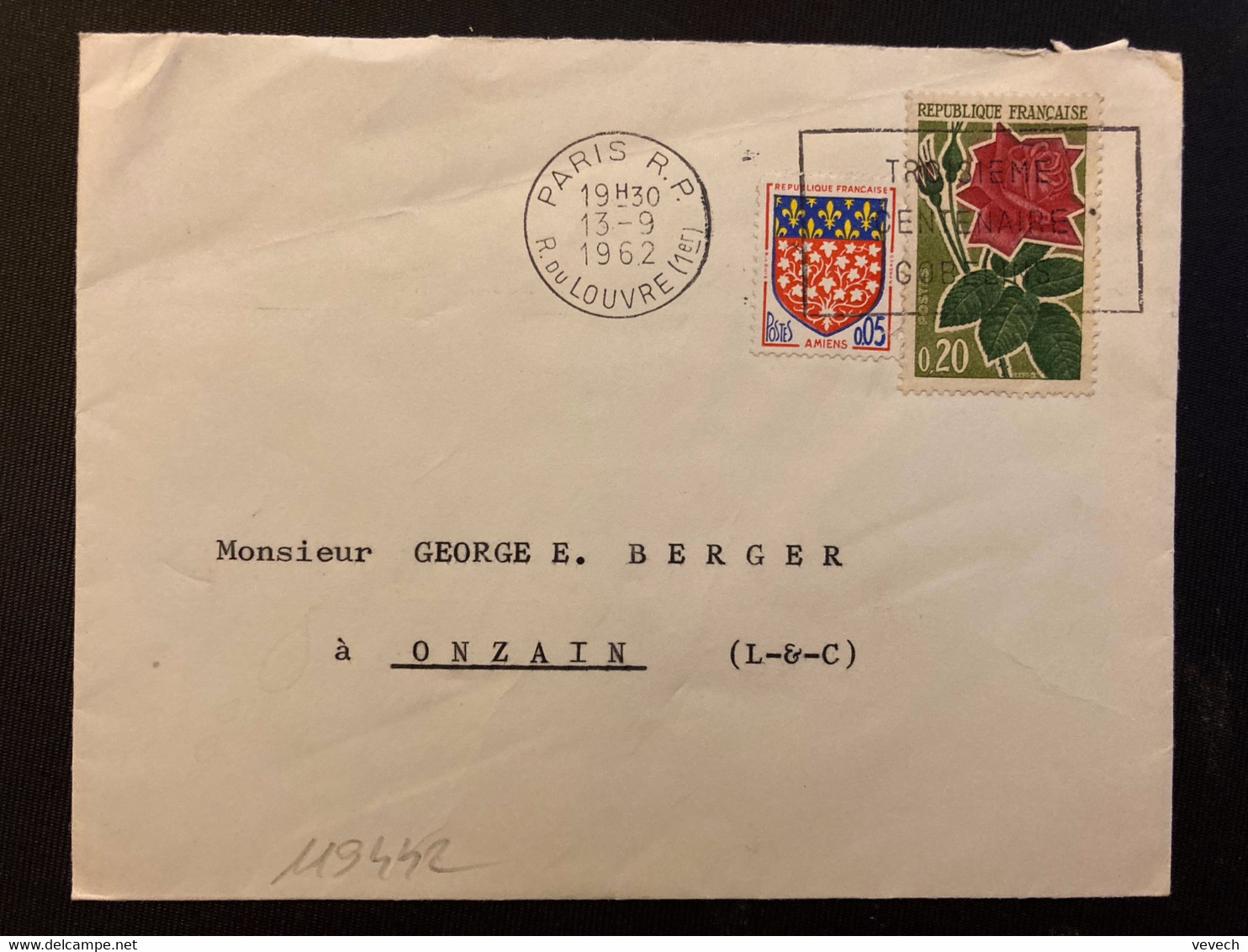 LETTRE TP ROSE 0,20 + AMIENS 0,05 OBL.MEC.13-9 1962 PARIS RP - Altri & Non Classificati