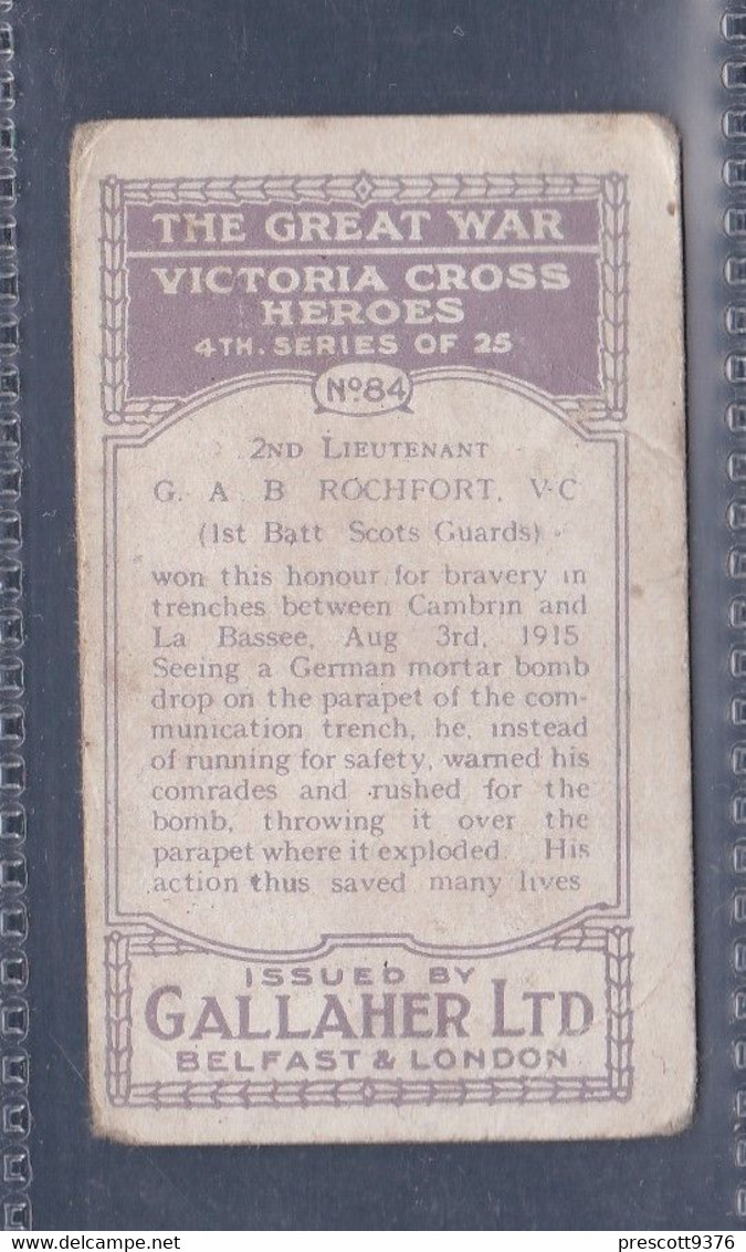 Great War, VC Heroes 1916 -  84 2nd Lt GAB Rochfort VC - Gallaher Original Cigarette Card. - Gallaher