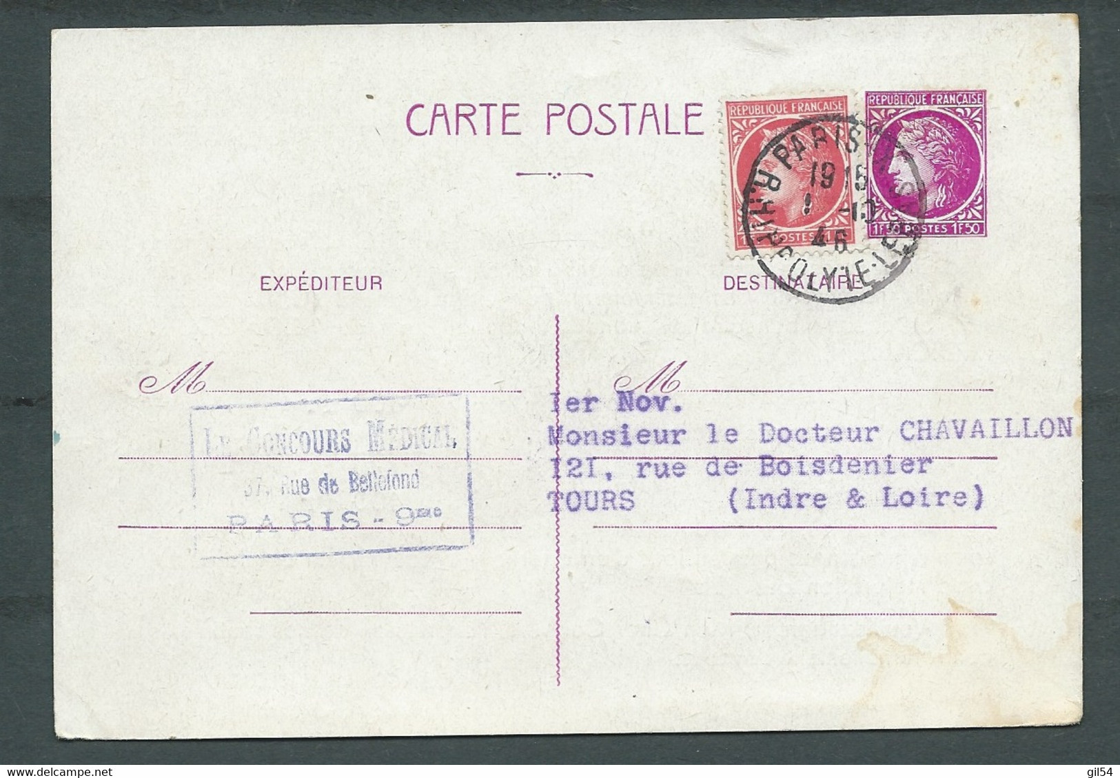 Céres Mazelin/ Entier , YVT  679 CPI + 676 , Obl. Paris X  TARIF Carte Postale Du 1/01/1946,  - Bb16612 - 1945-47 Cérès De Mazelin