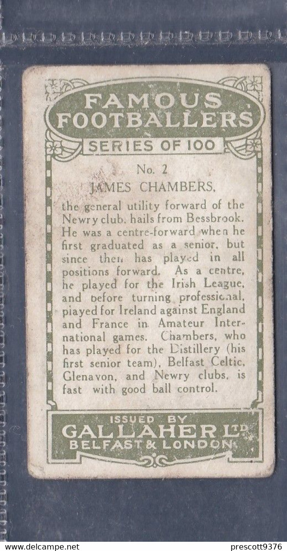 Famous Footballers 1925 - 2 James Chambers, Newry - Gallaher Original Cigarette Card. - Gallaher