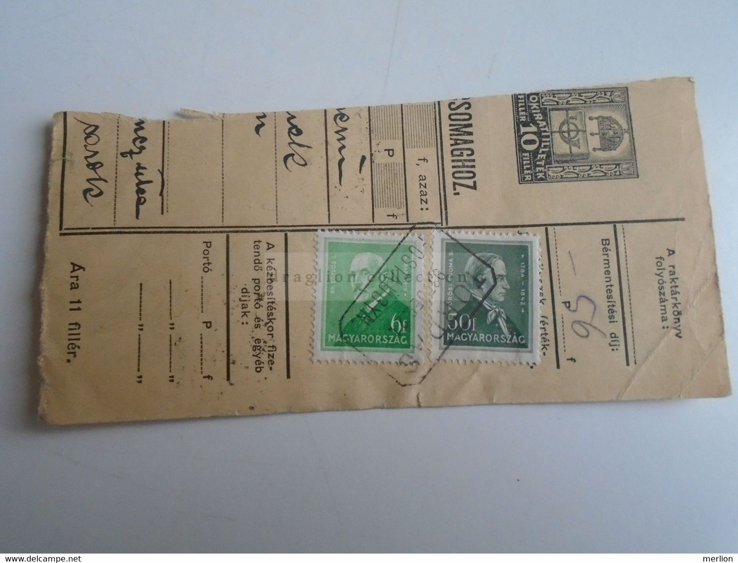 D187424   Parcel Card  (cut) Hungary 1937  TORDAS - Pacchi Postali
