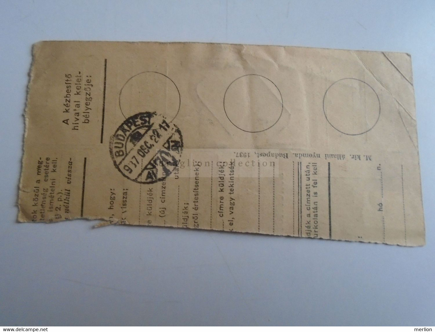 D187424   Parcel Card  (cut) Hungary 1937  TORDAS - Paketmarken