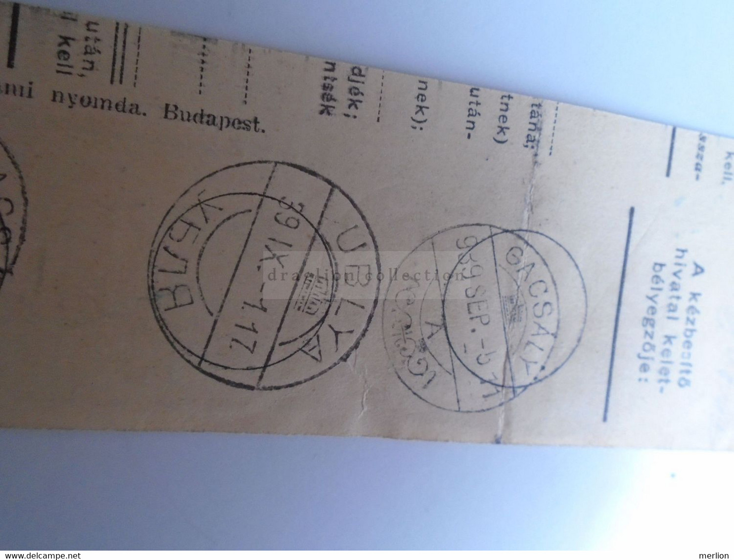 D187426   Parcel Card  (cut) Hungary 1939  Szakály  - Gacsály - Paketmarken