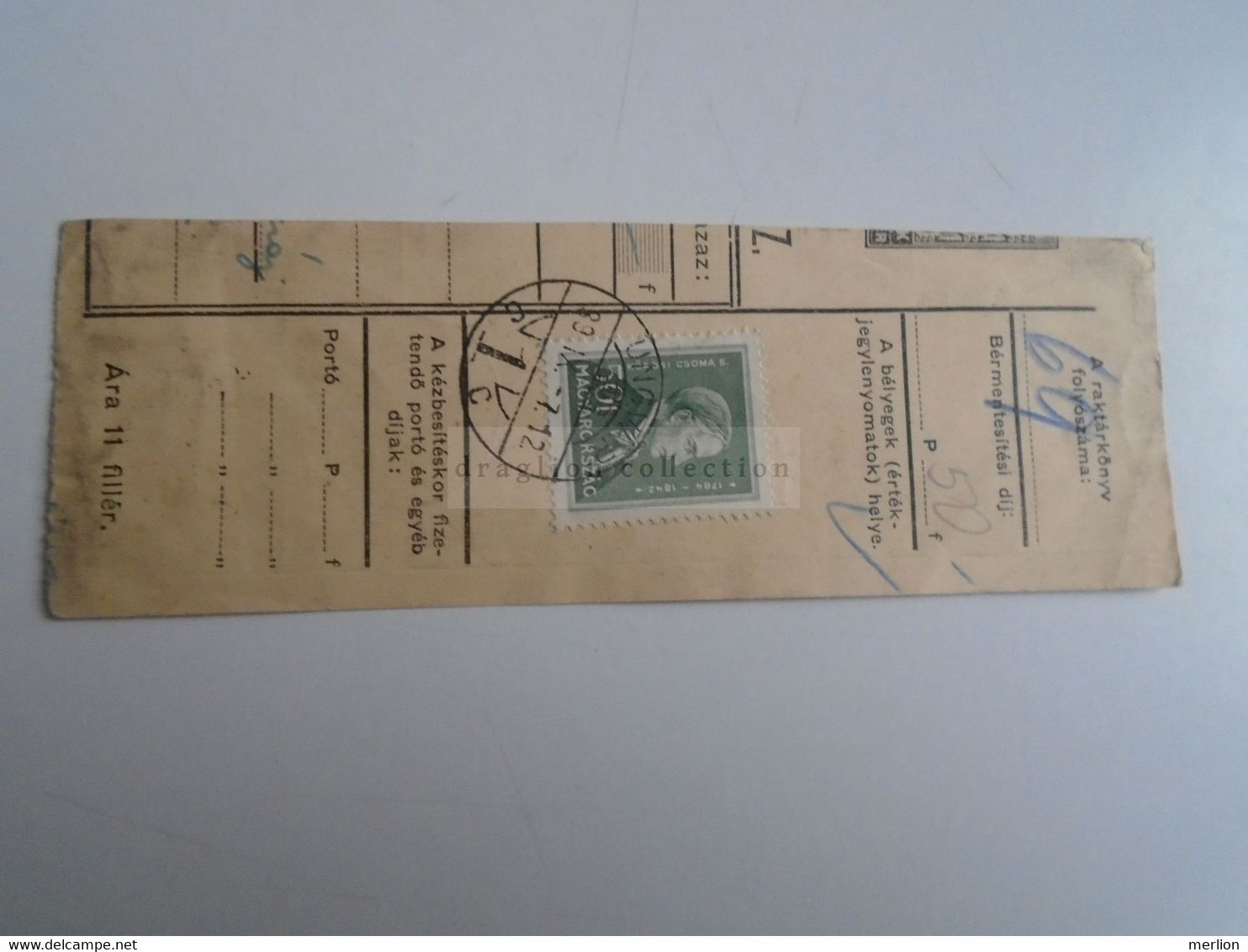 D187427   Parcel Card  (cut) Hungary 1939 UNGVÁR  (Ukraine)  - Gacsály - Paketmarken