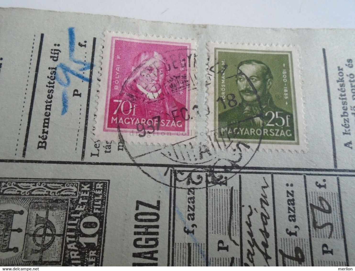D187430    Parcel Card  (cut) Hungary 1937  Medgyesegyháza - Pacchi Postali