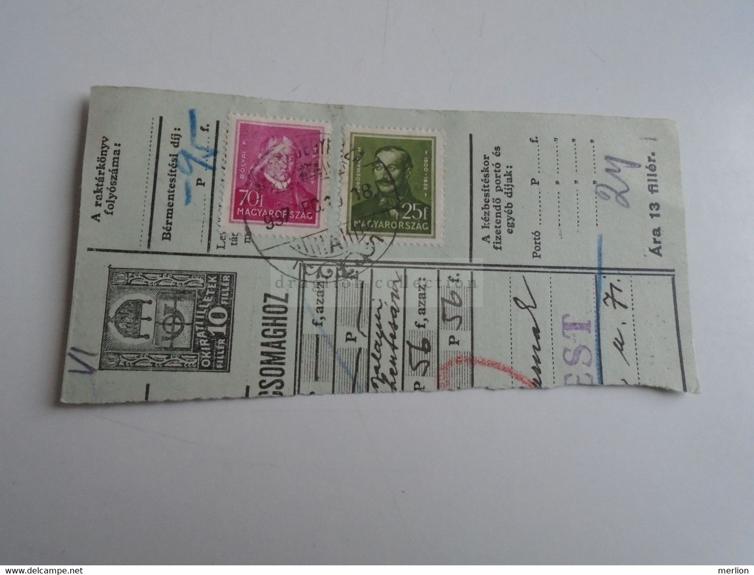 D187430    Parcel Card  (cut) Hungary 1937  Medgyesegyháza - Pacchi Postali