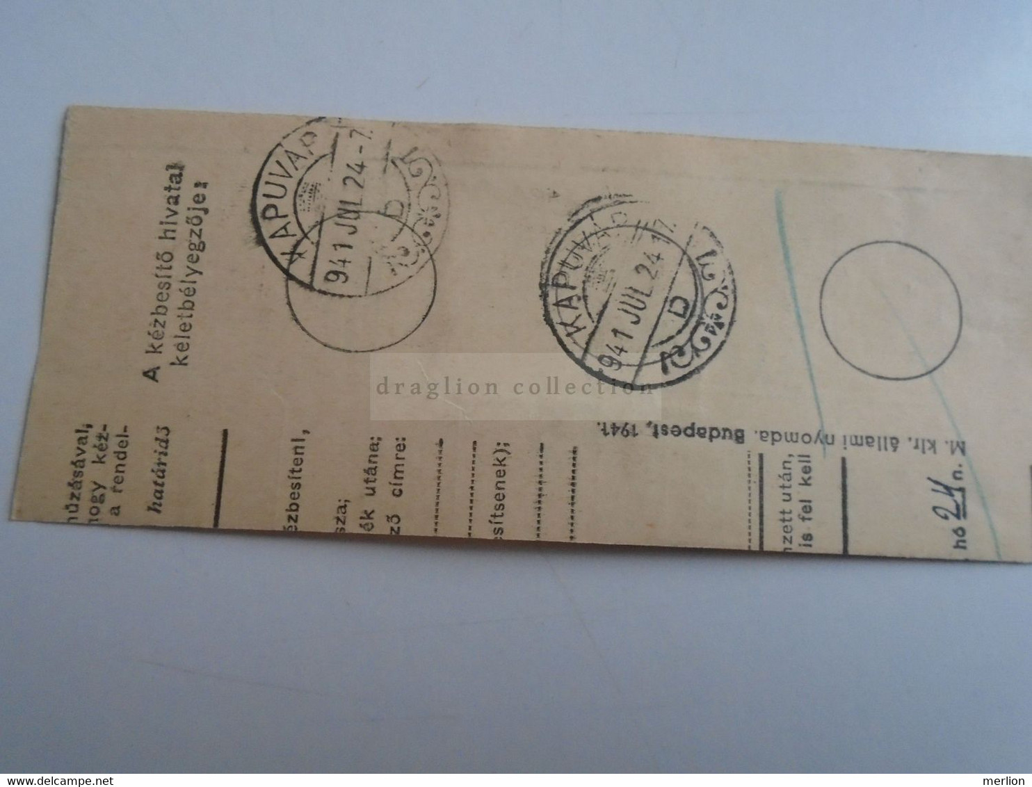 D187431    Parcel Card  (cut) Hungary 1941 Veszprém - Kapuvár - Paketmarken