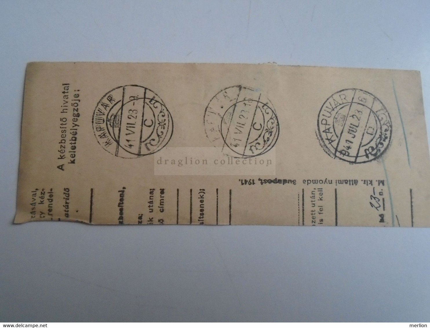 D187433   Parcel Card  (cut) Hungary 1941 Kiskunmajsa - Kapuvár - Pacchi Postali