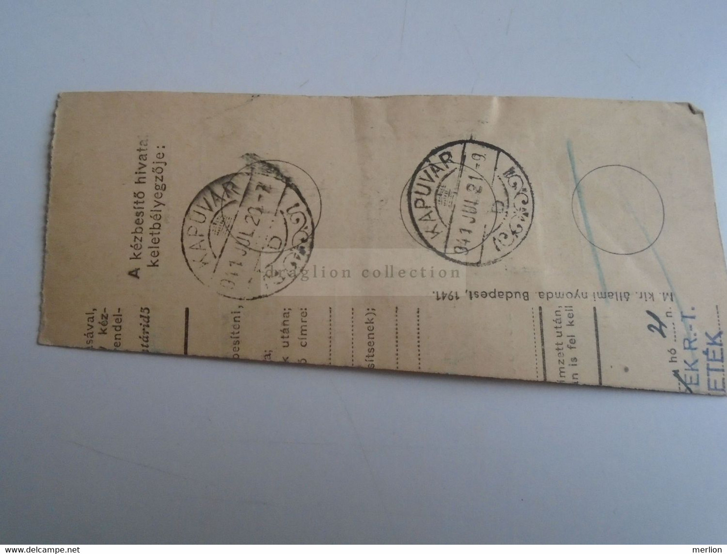 D187434   Parcel Card  (cut) Hungary 1941 CSEPREG -Kapuvár - Pacchi Postali