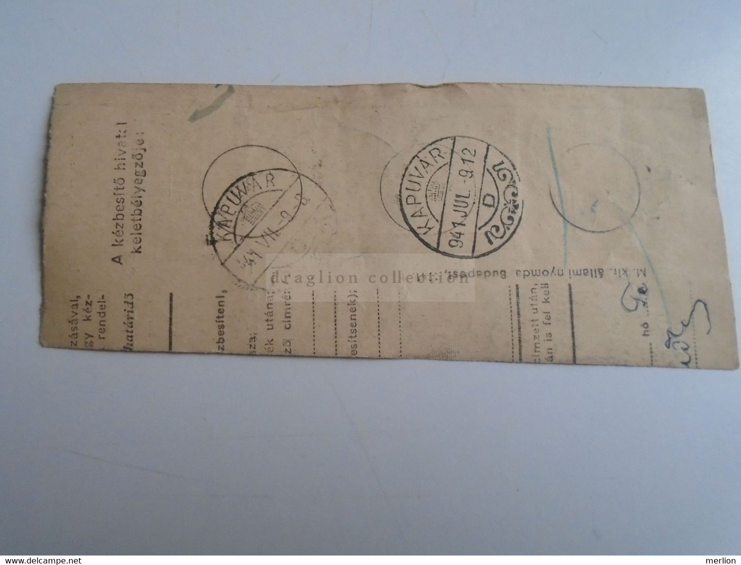 D187436   Parcel Card  (cut) Hungary 1941 GYŐR -Kapuvár - Paketmarken