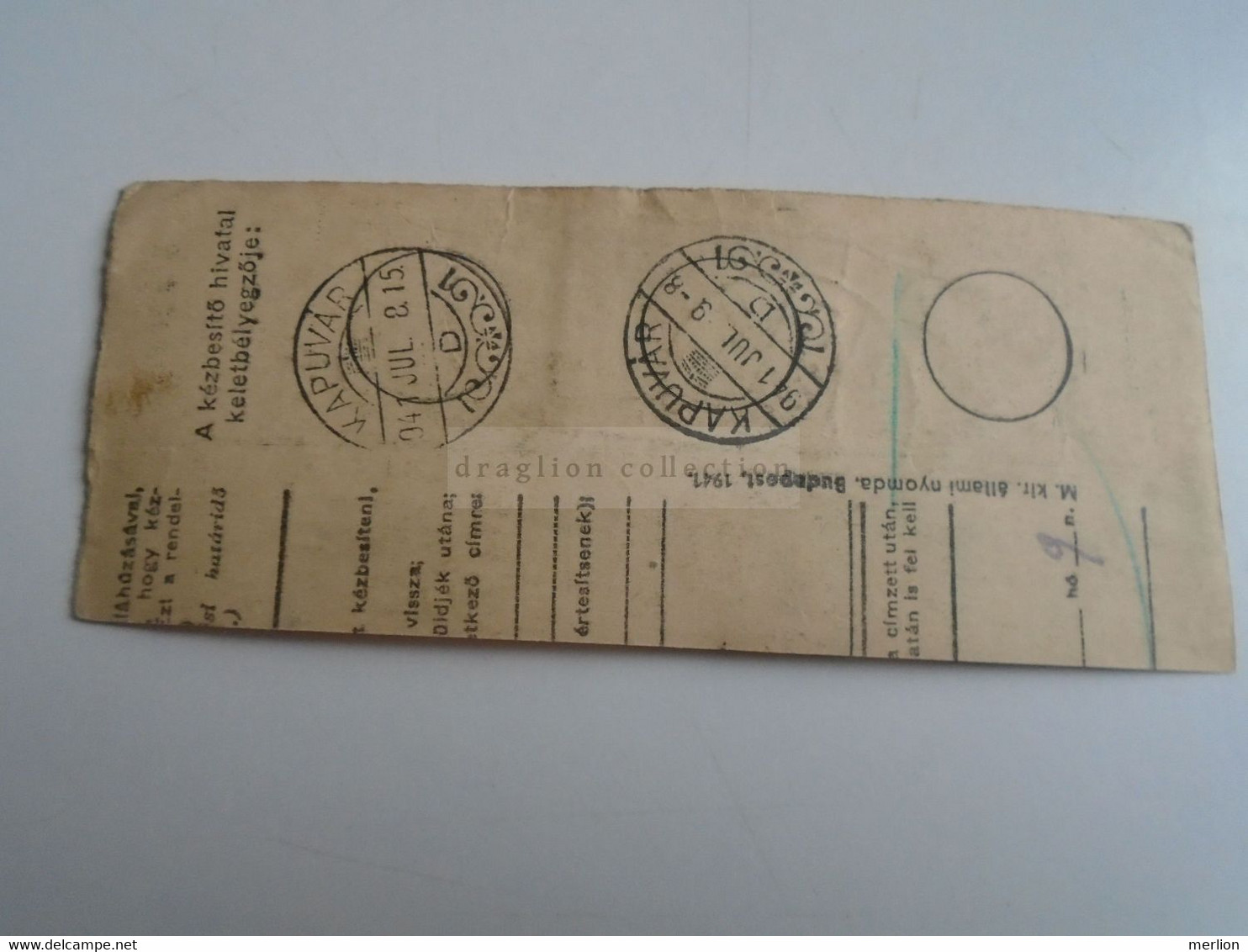 D187437   Parcel Card  (cut) Hungary 1941 SOPRON  -Kapuvár - Postpaketten