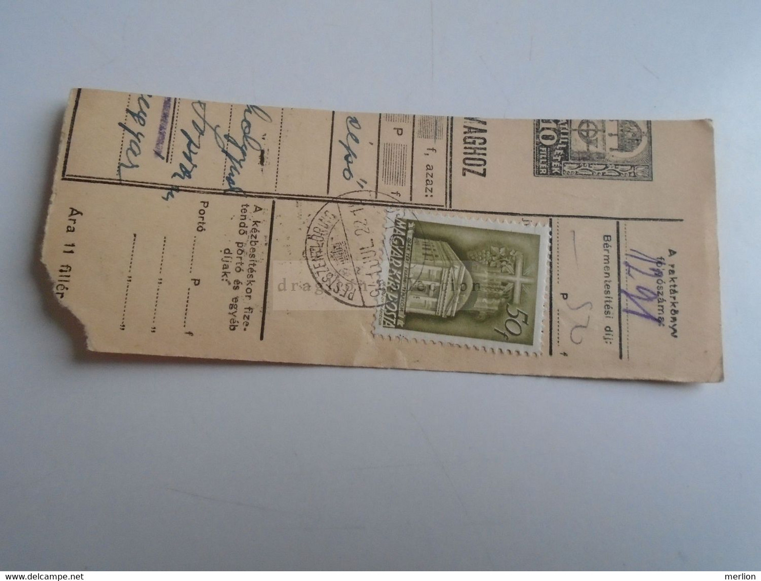 D187439   Parcel Card  (cut) Hungary 1941 Pestszentlőrinc  -Kapuvár - Paketmarken