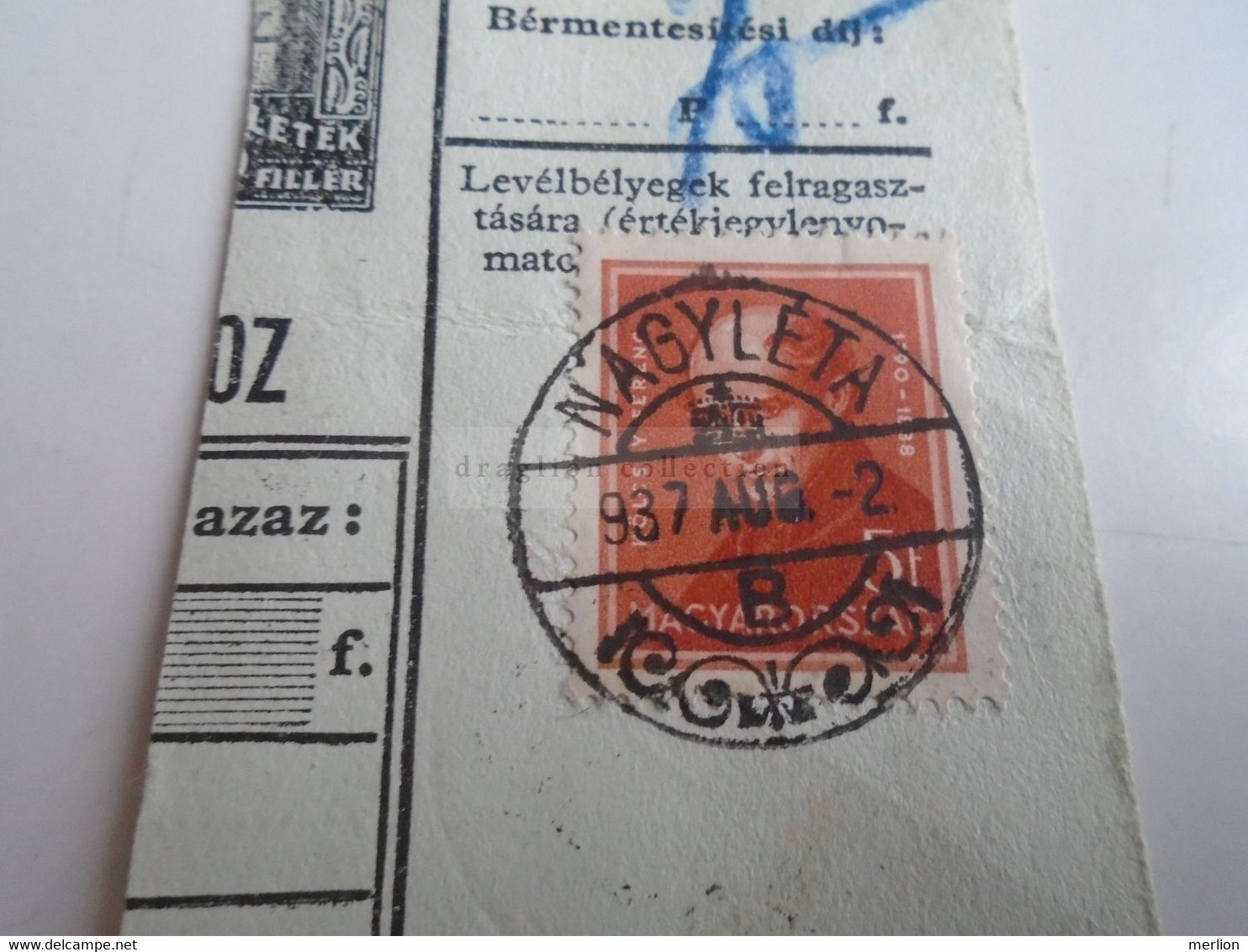 D187441   Parcel Card  (cut) Hungary 1937  NAGYLÉTA - Debrecen - Colis Postaux