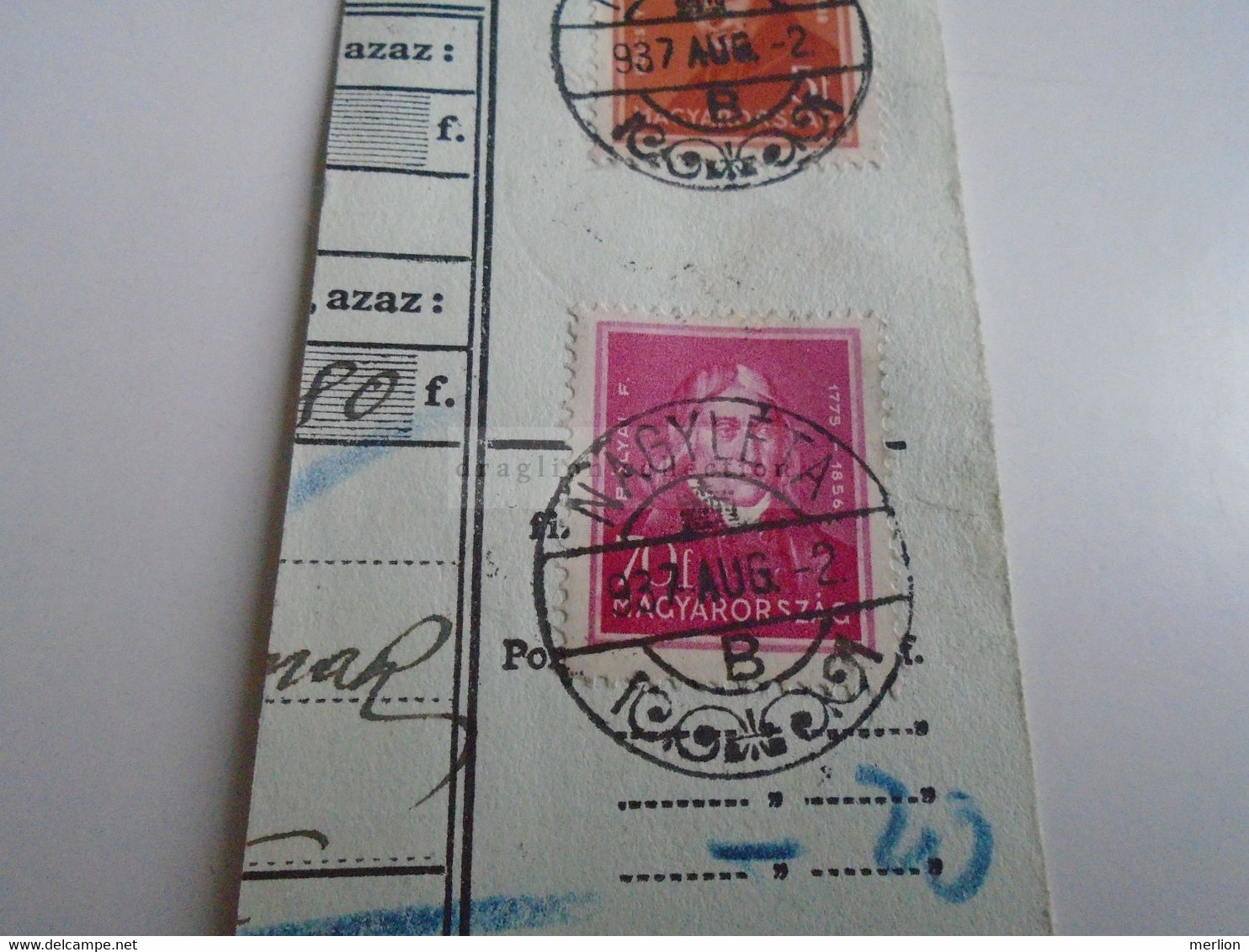 D187441   Parcel Card  (cut) Hungary 1937  NAGYLÉTA - Debrecen - Postpaketten