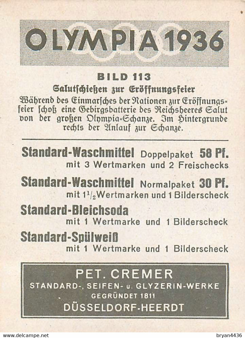 JEUX OLYMPIQUES - OLYMPIA - 1936 - BILD N° 113 - édit; PET. CREMER à DUSSELDORF - CARTE (6,5 X 8,5 Cm) - TRES BON ETAT - Trading Cards