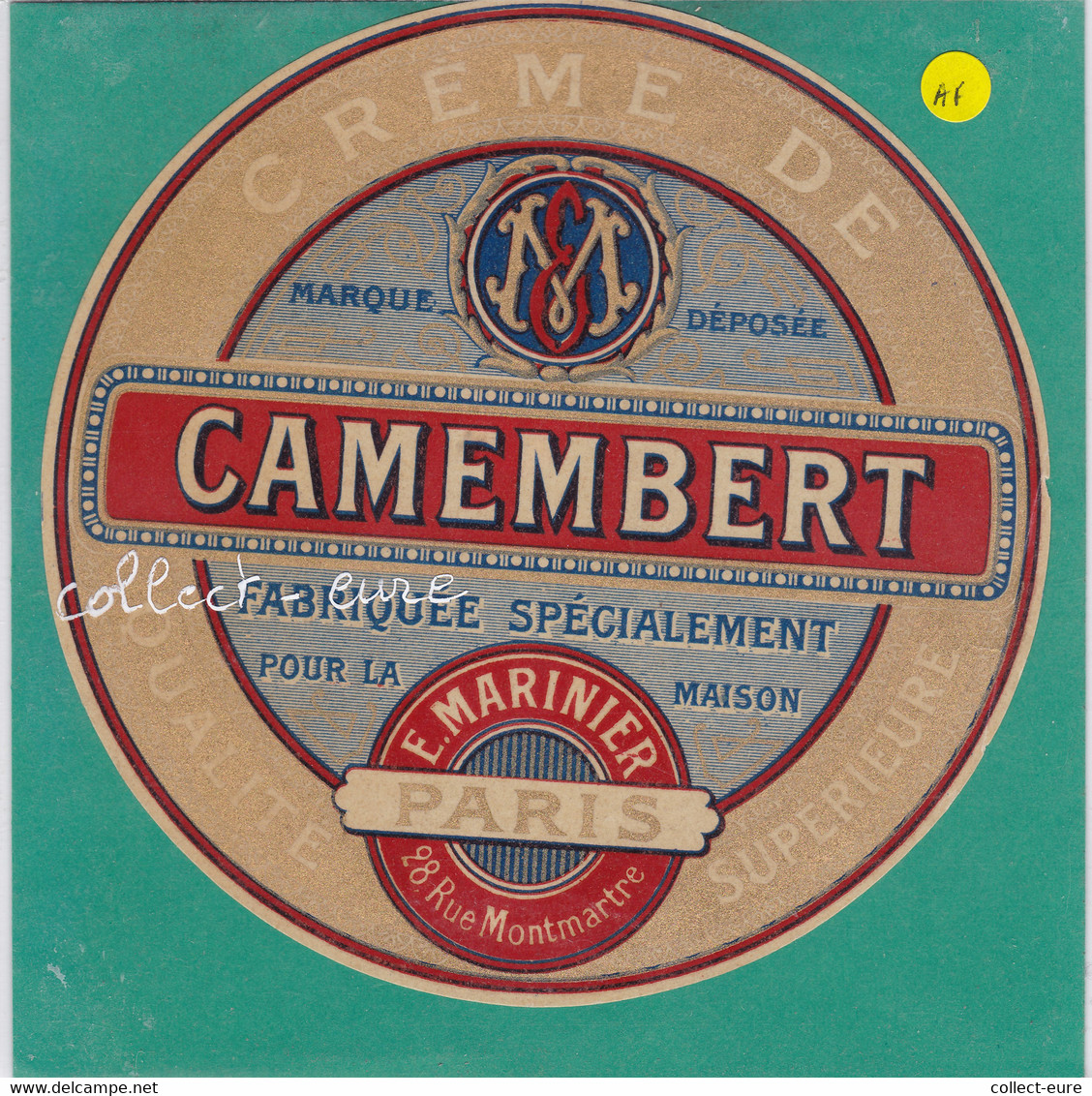 A197 FROMAGE CAMEMBERT MARINIER 28 RUE MONTMARTRE PARIS - Quesos