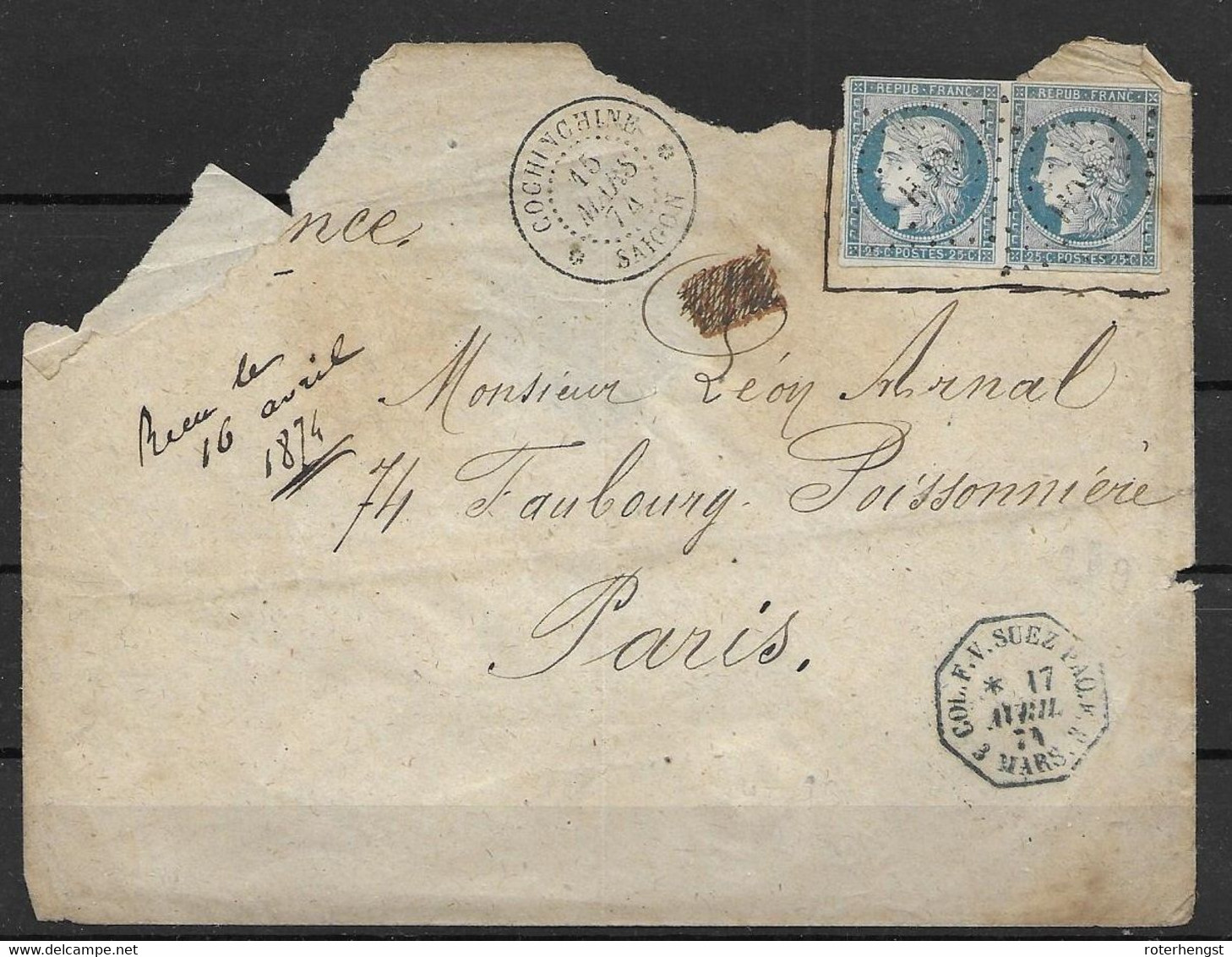 Indochine Lettre Abimee De 1874 Saigon 250 Euros (Yvert) Avec VARIETE Point Sur C (et Tache Blanche Devant Le Nez) - Briefe U. Dokumente