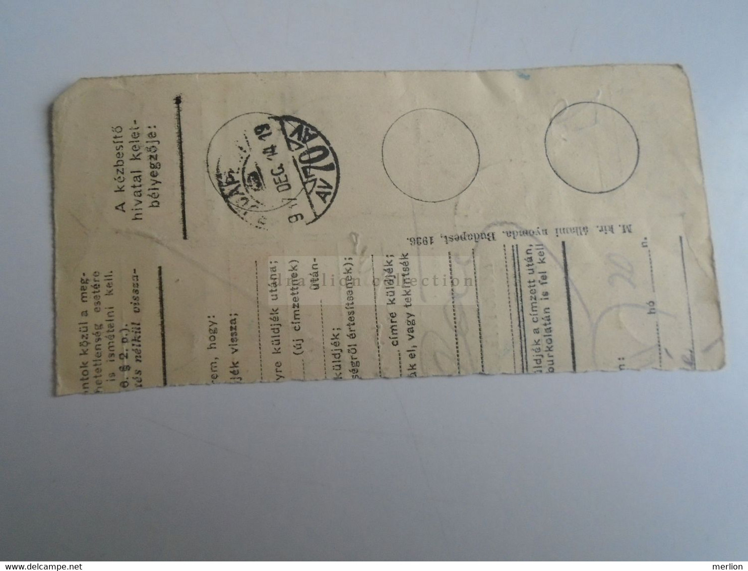 D187446   Parcel Card  (cut) Hungary 1937 VÁL - Paketmarken