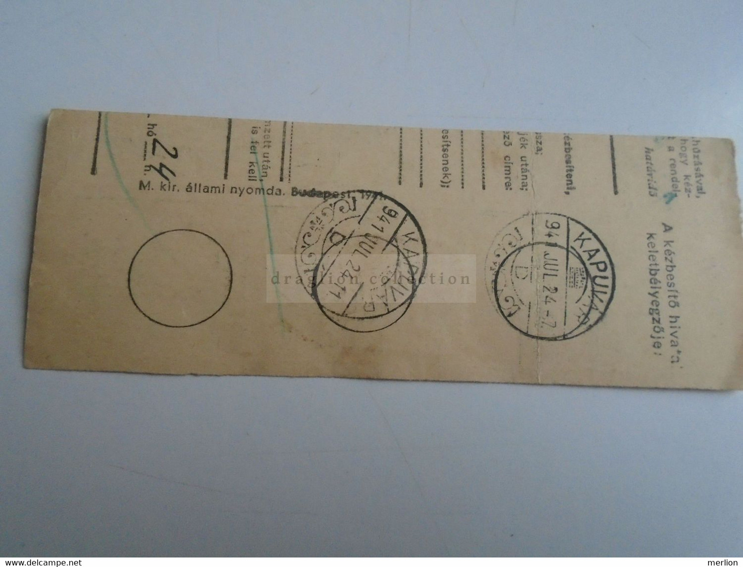 D187450    Parcel Card  (cut) Hungary 1941 Mosonmagyaróvár  Kapuvár - Paketmarken