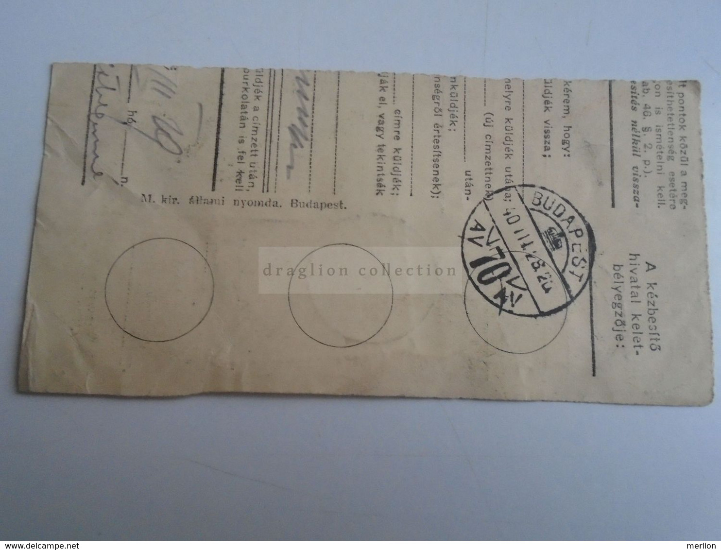 D187451    Parcel Card  (cut) Hungary 1940 TISZAVÁRKONY - Postpaketten