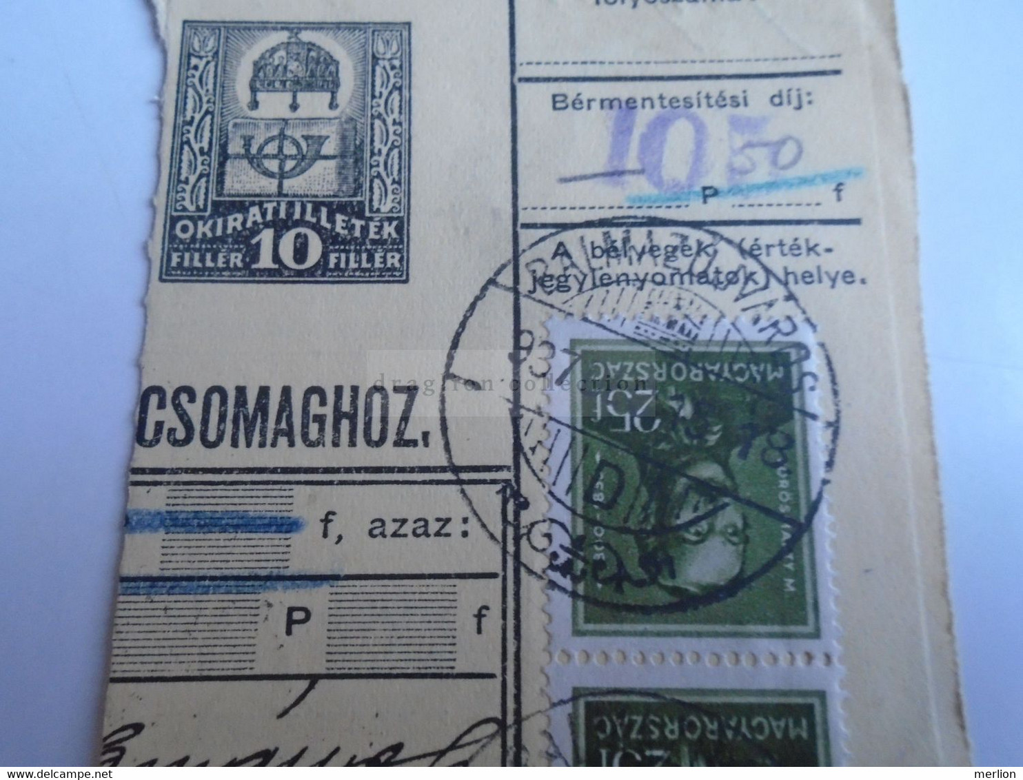 D187452     Parcel Card  (cut) Hungary 1937 Balmazújváros - Parcel Post