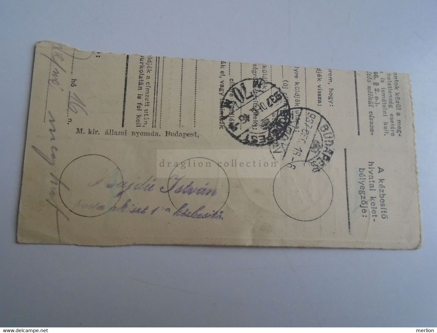 D187452     Parcel Card  (cut) Hungary 1937 Balmazújváros - Postpaketten