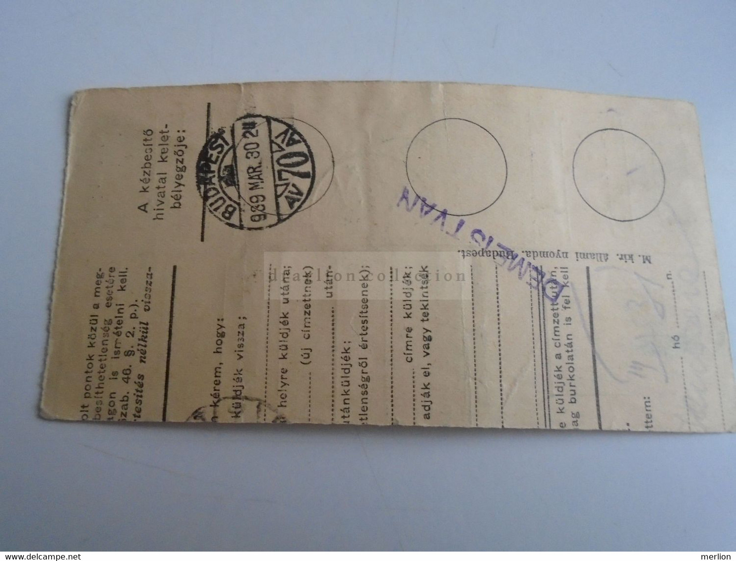 D187454    Parcel Card  (cut) Hungary 1939 KECSKEMÉT - Pacchi Postali