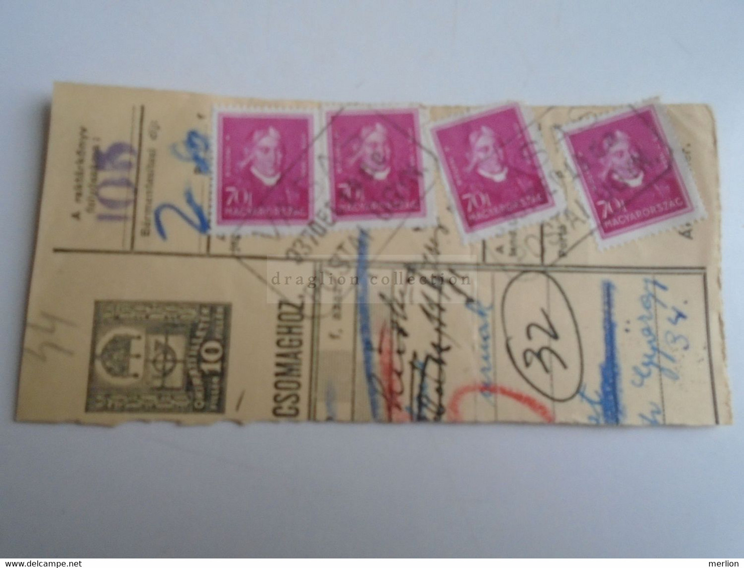 D187455      Parcel Card  (cut) Hungary 1937  VASAS (Pécs) - Paketmarken