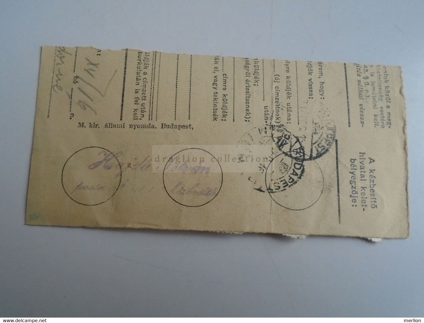D187455      Parcel Card  (cut) Hungary 1937  VASAS (Pécs) - Paketmarken