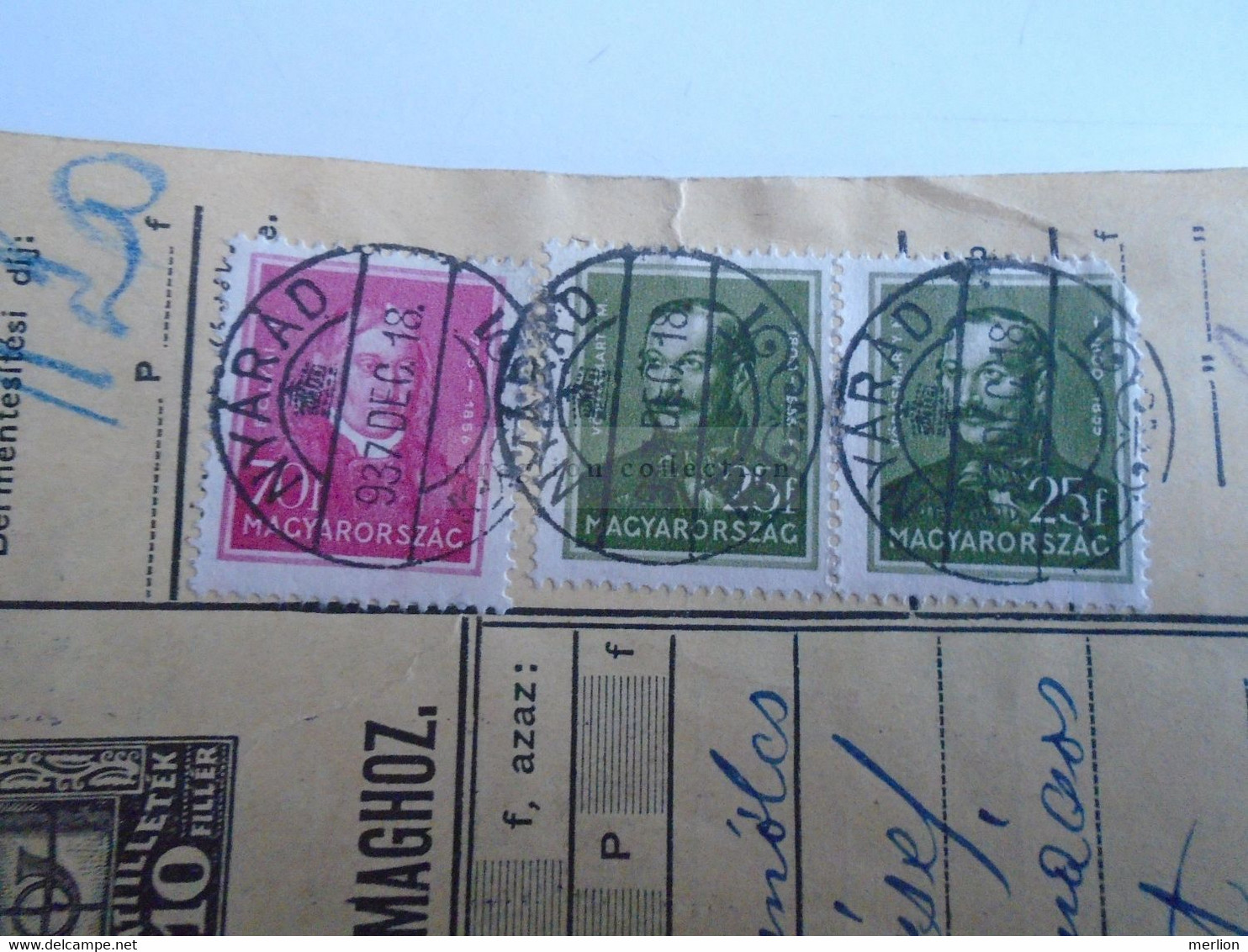 D187456       Parcel Card  (cut) Hungary 1937  NYÁRÁD - Colis Postaux