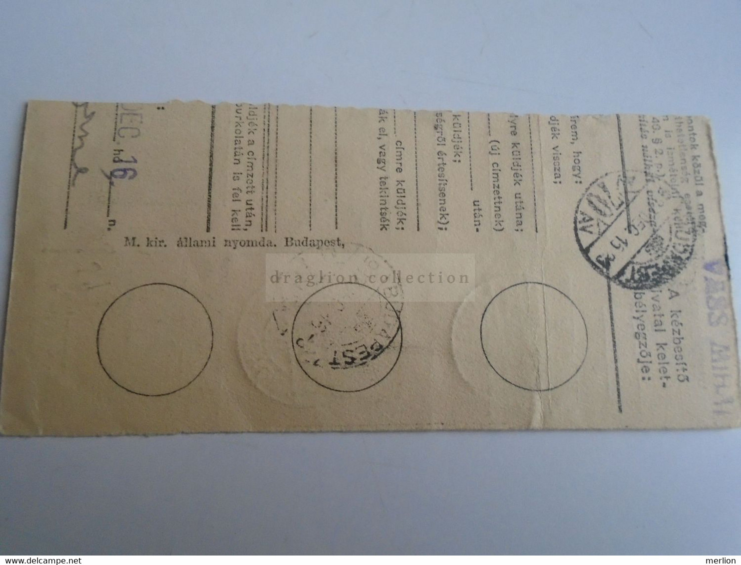 D187460    Parcel Card  (cut) Hungary 1937 DIÓSGYŐR - Pacchi Postali