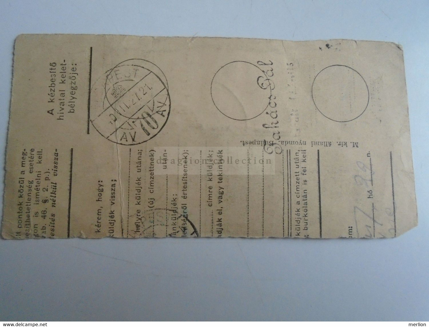 D187462       Parcel Card  (cut) Hungary 1940 VÁC ?  VÁL ? - Pacchi Postali