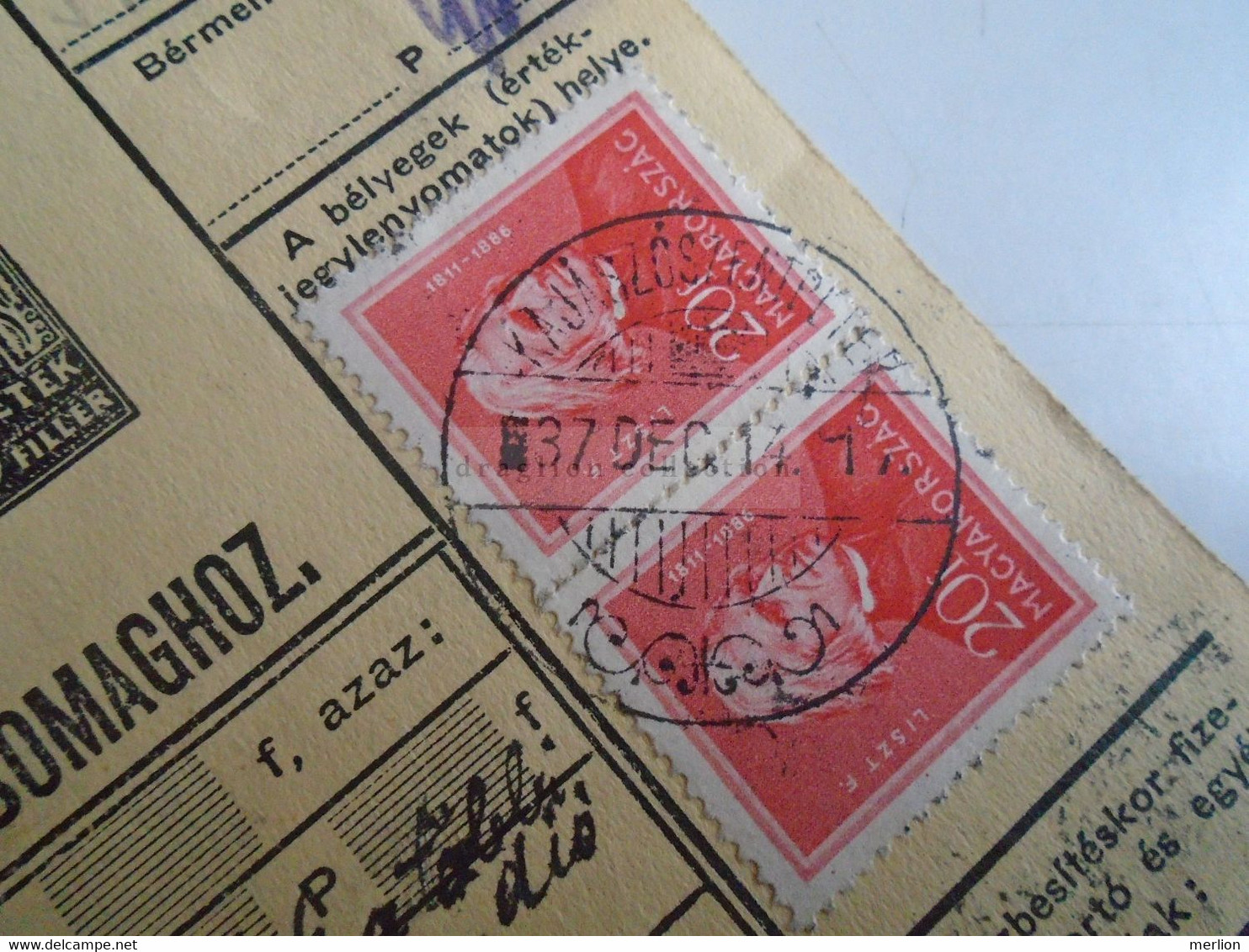 D187463    Parcel Card  (cut) Hungary 1937  KAJÁSZÓ  Kajászószentpéter - Paketmarken
