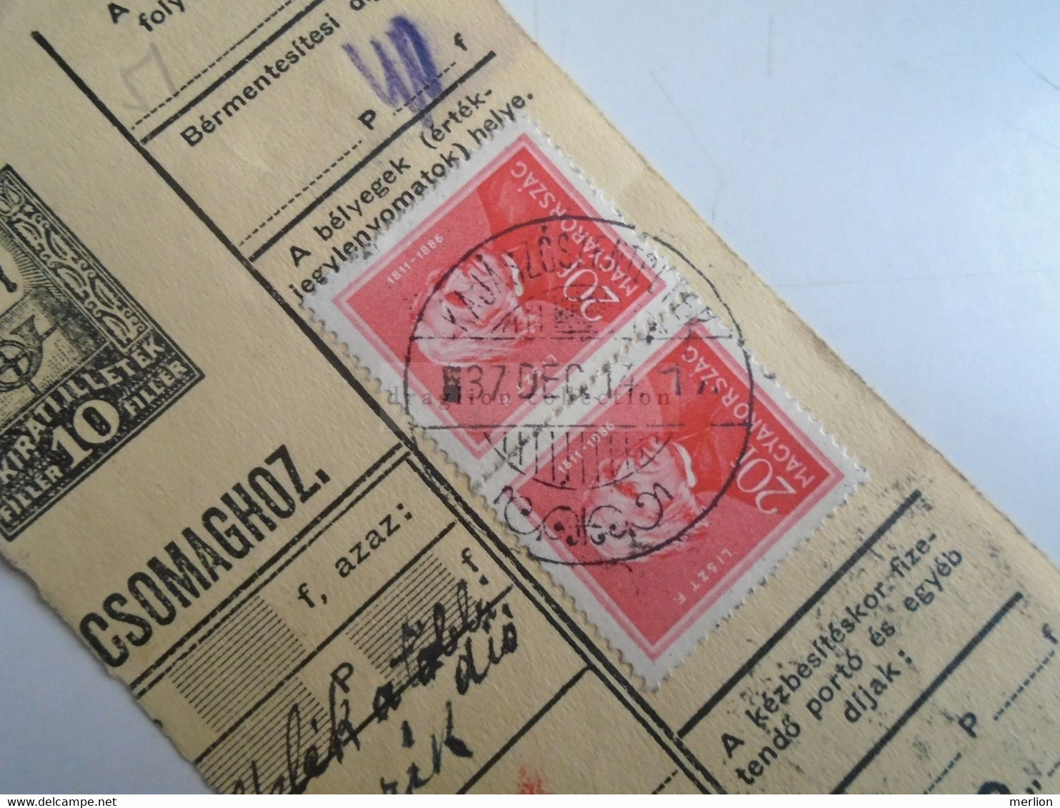 D187463    Parcel Card  (cut) Hungary 1937  KAJÁSZÓ  Kajászószentpéter - Parcel Post